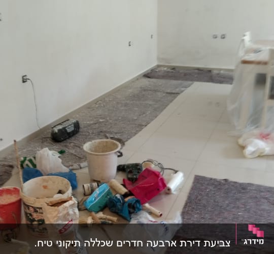 כלי עבודה לצביעה, דלי צבע, רולר ומברשות על הרצפה